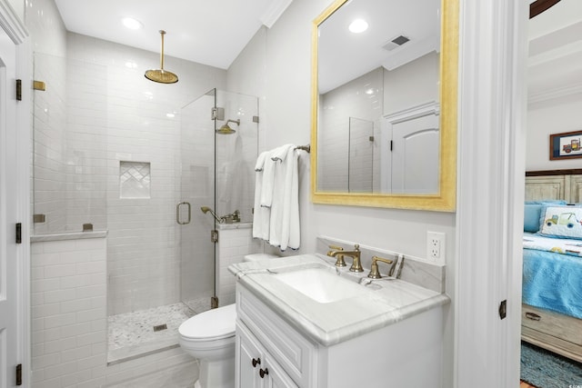 bathroom featuring walk in shower, vanity, crown molding, and toilet