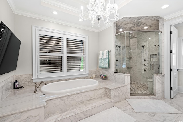 bathroom with ornamental molding, a chandelier, and independent shower and bath