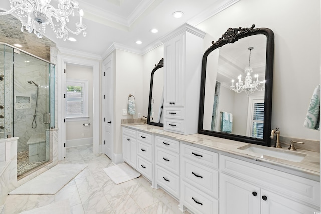 bathroom with a notable chandelier, crown molding, a shower with shower door, and vanity