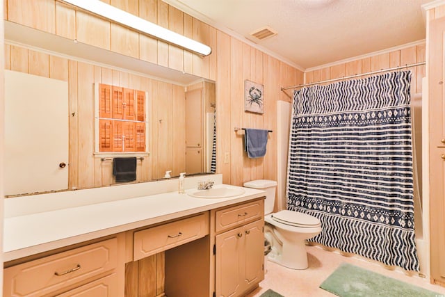 full bathroom with shower / bath combination with curtain, ornamental molding, vanity, and toilet