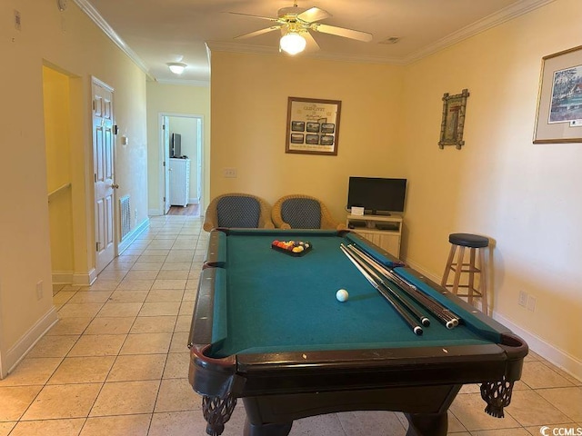 game room featuring ceiling fan, light tile patterned flooring, crown molding, and pool table