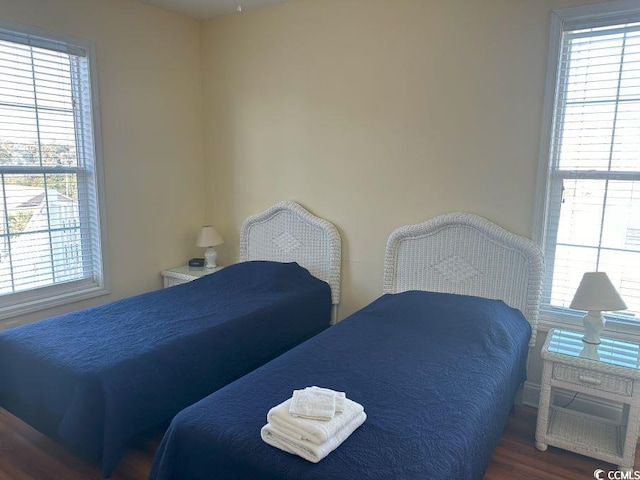 bedroom featuring dark hardwood / wood-style flooring and multiple windows