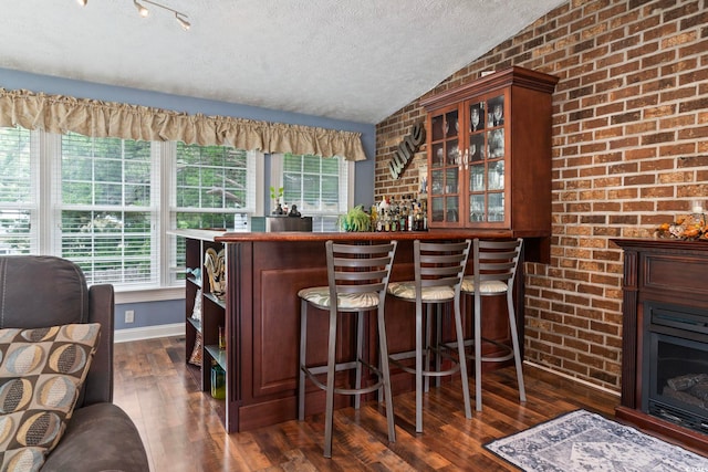 bar featuring plenty of natural light, lofted ceiling, a textured ceiling, and dark hardwood / wood-style flooring