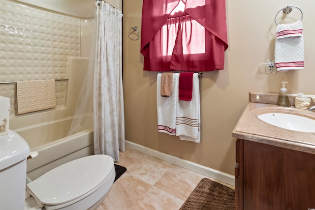 full bathroom with toilet, shower / tub combo, and vanity