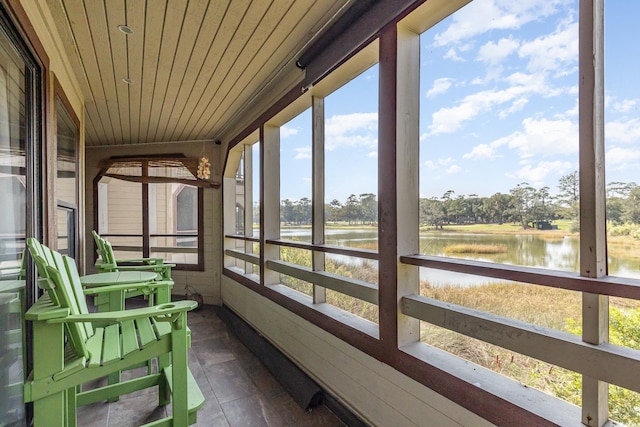 sunroom featuring a water view and wooden ceiling