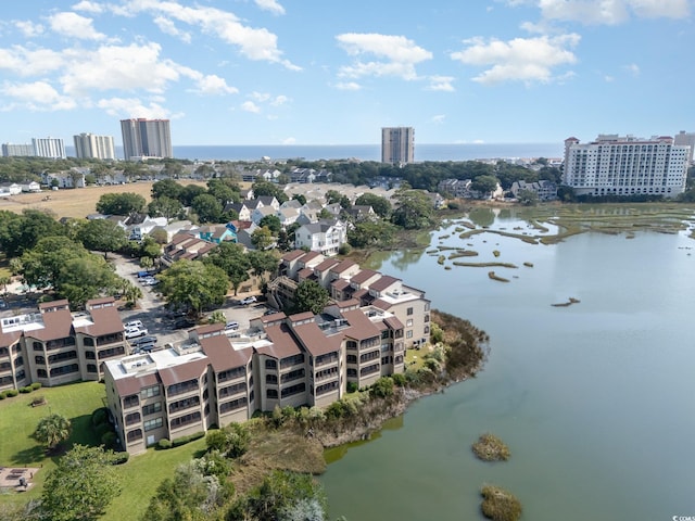 drone / aerial view featuring a water view