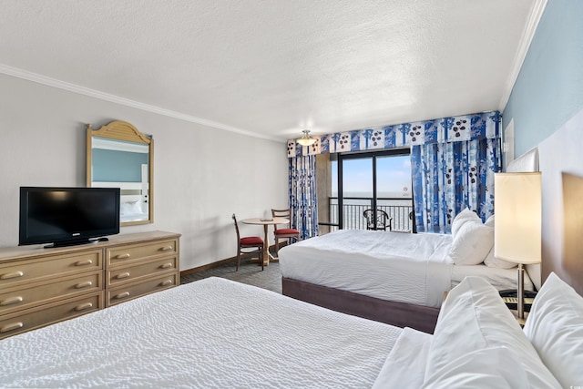 bedroom featuring a textured ceiling, crown molding, carpet floors, and access to outside