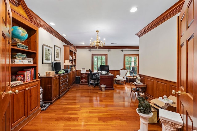 home office featuring recessed lighting, a chandelier, light wood-style floors, ornamental molding, and a wainscoted wall