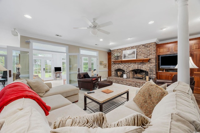 living room featuring crown molding, recessed lighting, a ceiling fan, and french doors