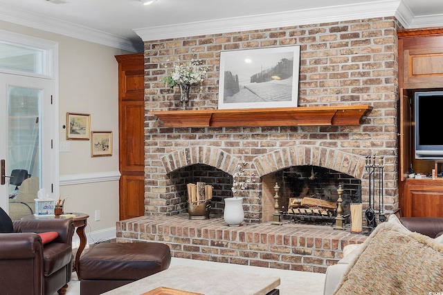 living room featuring ornamental molding, baseboards, and a fireplace