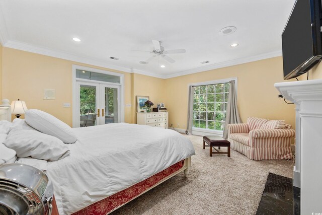 bedroom with french doors, recessed lighting, and access to exterior
