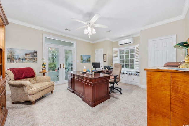 office space with visible vents, ornamental molding, an AC wall unit, french doors, and light colored carpet