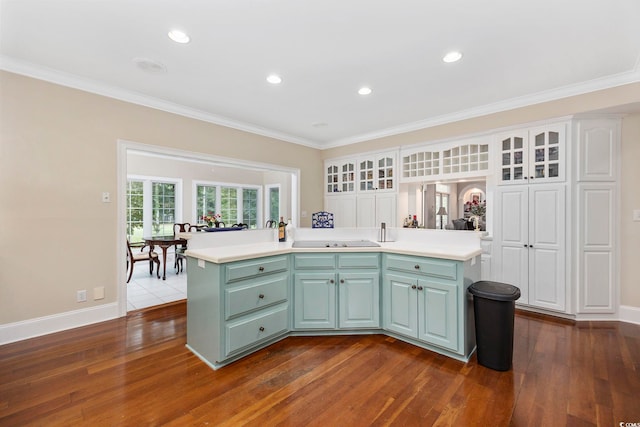 kitchen with dark wood-style floors, crown molding, and light countertops