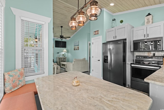 kitchen with wooden ceiling, ceiling fan, decorative light fixtures, white cabinetry, and stainless steel appliances