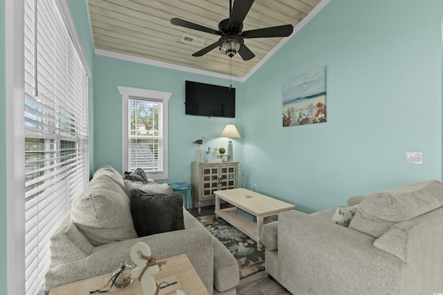 living room with ceiling fan, crown molding, hardwood / wood-style flooring, wooden ceiling, and lofted ceiling