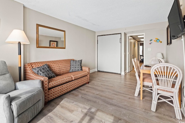 living room featuring wood finished floors, baseboards, and a textured ceiling