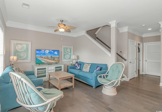 6001-MH32A S Kings Hwy, Myrtle Beach, SC 29575 - living room featuring crown molding, ceiling fan, a wealth of natural light, and hardwood / wood-style flooring