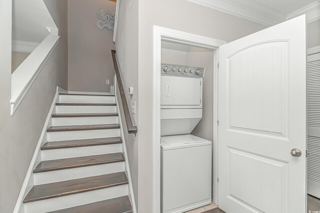 6001-MH32A S Kings Hwy, Myrtle Beach, SC 29575 - staircase with stacked washer / dryer and crown molding