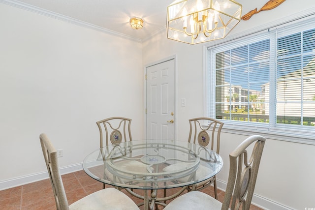 tiled dining room with crown molding and a notable chandelier