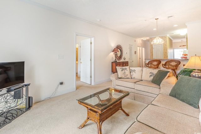 carpeted living room with crown molding