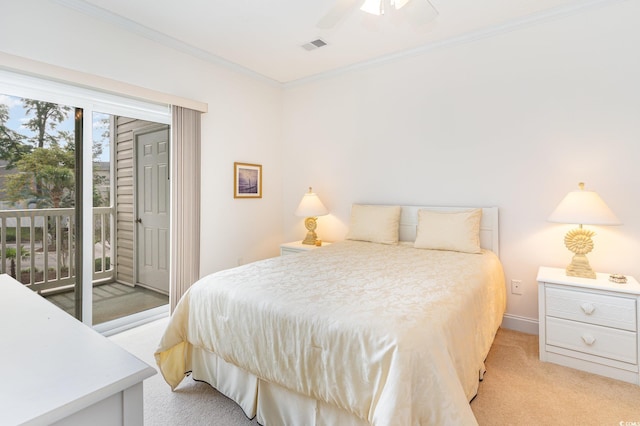 carpeted bedroom with access to outside, crown molding, and ceiling fan