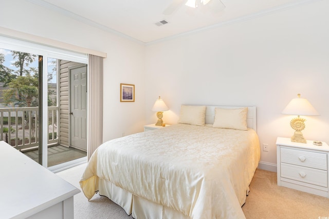 1100 Commons Blvd Unit 107, Myrtle Beach, SC 29572 - bedroom with access to exterior, light carpet, crown molding, baseboards, and a ceiling fan