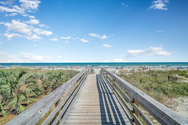 view of community with a beach view and a water view