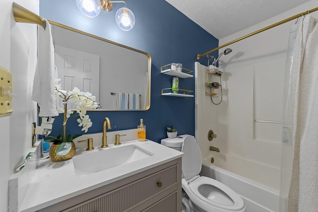 full bathroom with toilet, vanity, shower / bath combo with shower curtain, and a textured ceiling