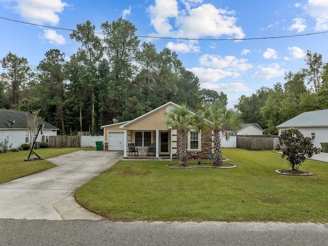 ranch-style house featuring a garage, a front lawn, and a porch