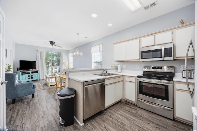 kitchen with sink, hardwood / wood-style flooring, hanging light fixtures, kitchen peninsula, and stainless steel appliances