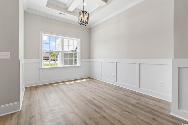 205 Waterfall Cir, Little River, SC 29566 - empty room with ornamental molding, a chandelier, coffered ceiling, beam ceiling, and wood finished floors