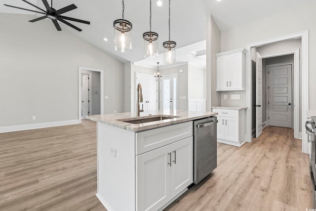 205 Waterfall Cir, Little River, SC 29566 - kitchen with stainless steel dishwasher, a sink, a ceiling fan, light wood-type flooring, and recessed lighting