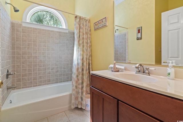 bathroom featuring vanity, shower / tub combo, and tile patterned flooring