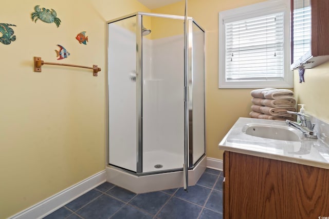 bathroom with tile patterned flooring, walk in shower, and vanity