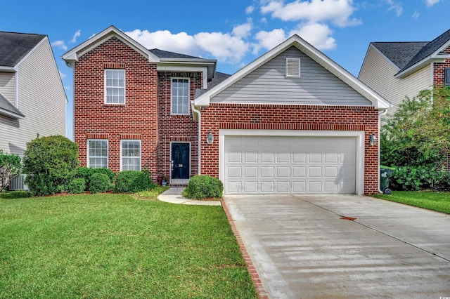 view of front of property with a front lawn and a garage