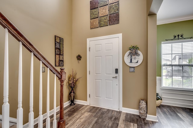 entrance foyer featuring ornamental molding and dark hardwood / wood-style flooring