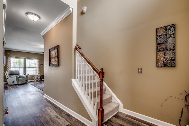 staircase with crown molding and hardwood / wood-style flooring