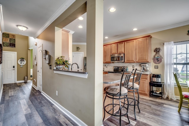 kitchen with dark wood-type flooring, kitchen peninsula, appliances with stainless steel finishes, and a kitchen breakfast bar