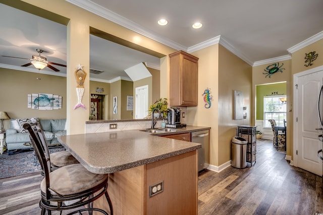 kitchen with crown molding, sink, kitchen peninsula, dark hardwood / wood-style floors, and stainless steel dishwasher