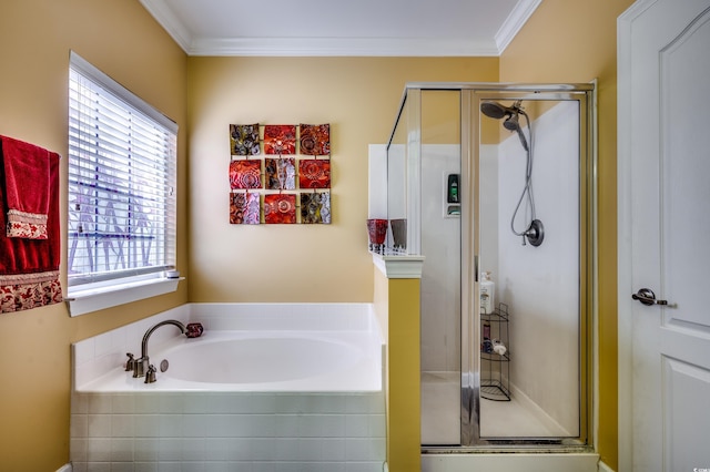 bathroom featuring crown molding and plus walk in shower