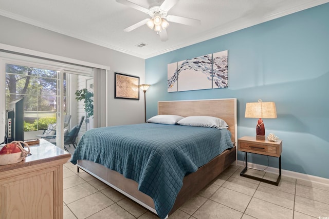 tiled bedroom featuring ornamental molding, access to exterior, and ceiling fan