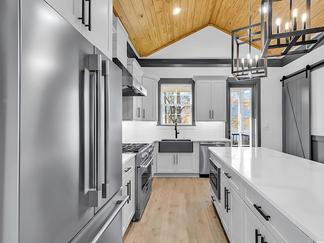 kitchen with sink, a barn door, wooden ceiling, high quality appliances, and hanging light fixtures