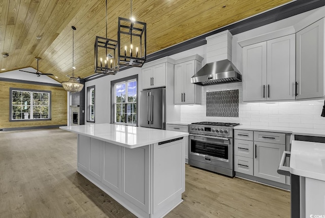 kitchen with hanging light fixtures, premium appliances, wood ceiling, and wall chimney range hood