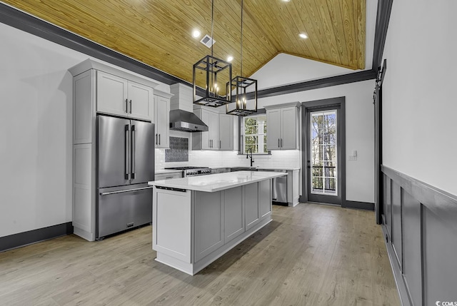 kitchen featuring appliances with stainless steel finishes, wood ceiling, ventilation hood, a kitchen island, and hanging light fixtures