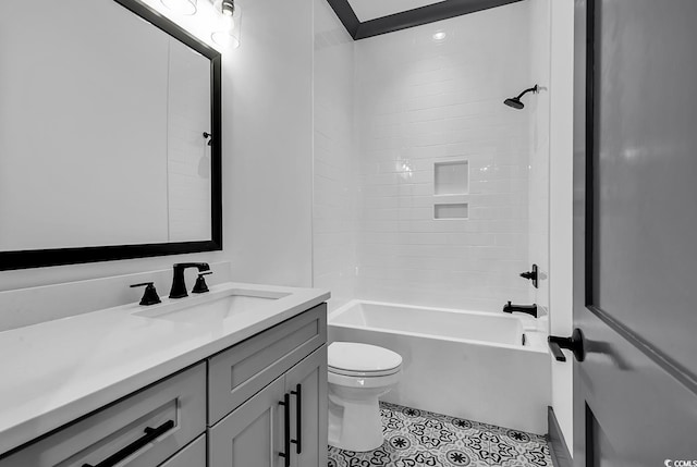 full bathroom with tile patterned flooring, vanity, shower / bathtub combination, and toilet