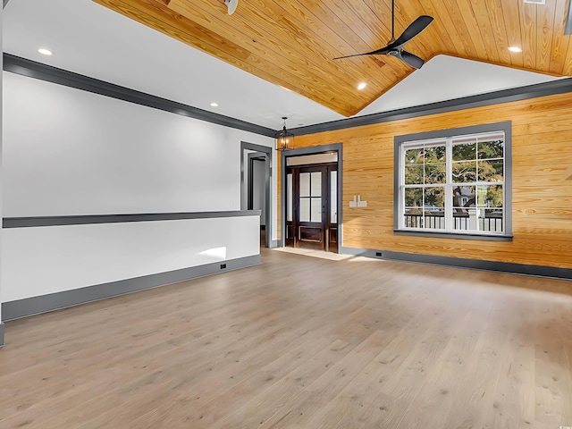 spare room with light wood-type flooring, wood ceiling, ceiling fan, wooden walls, and lofted ceiling