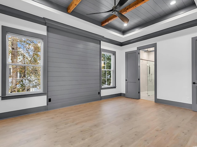 unfurnished bedroom with beamed ceiling, light wood-type flooring, wood walls, and wood ceiling