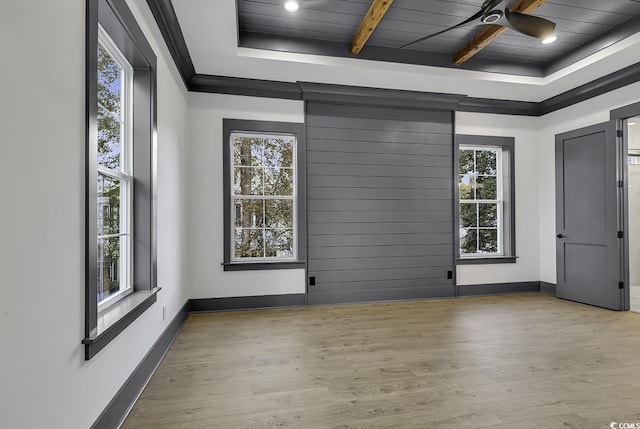 empty room featuring ceiling fan, light hardwood / wood-style floors, wood ceiling, and beam ceiling