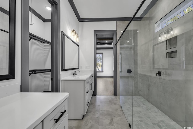 bathroom featuring vanity and walk in shower