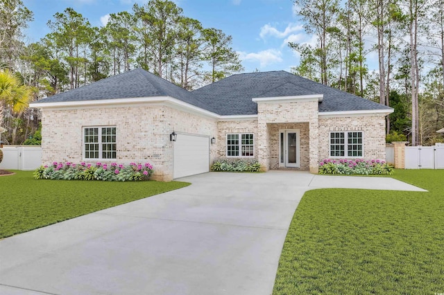 view of front of house featuring a garage and a front lawn